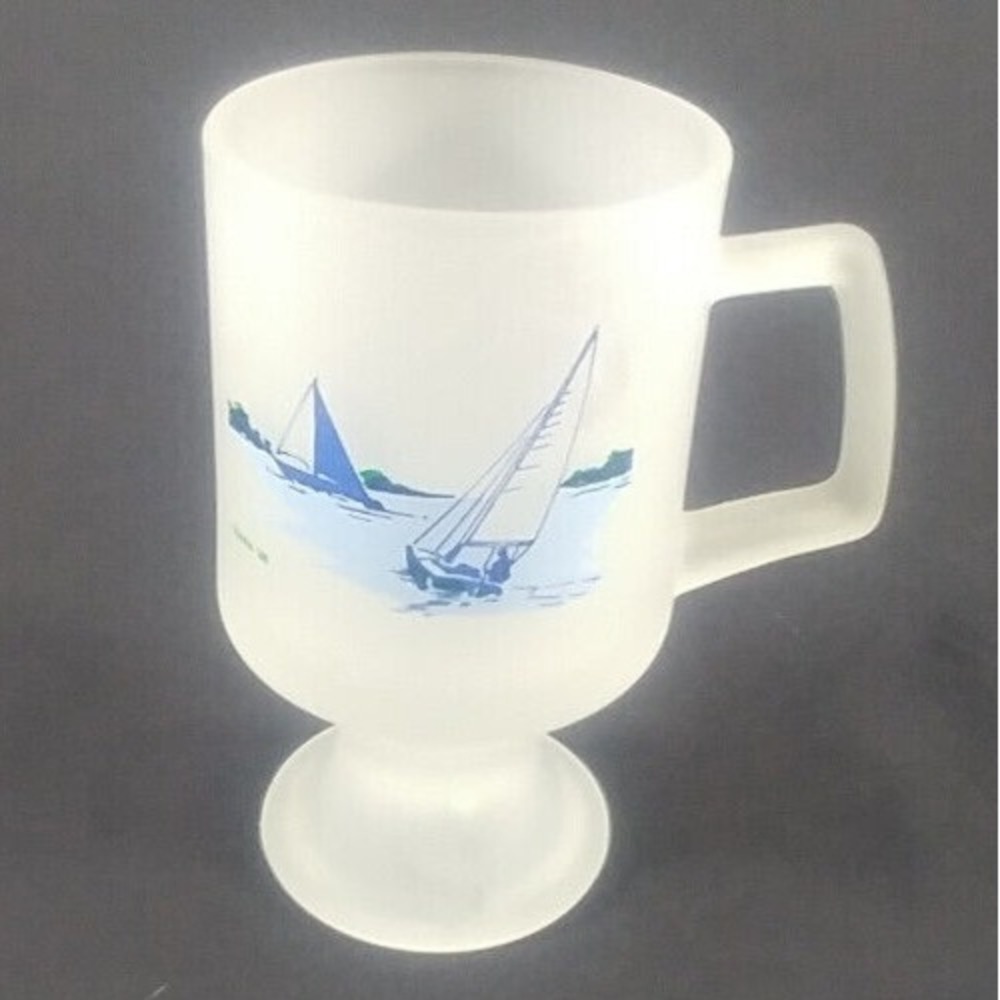 Vintage 1984 Tiara Frosted Glass Pedestal Mug Sailboats Nautical Coffee Cup